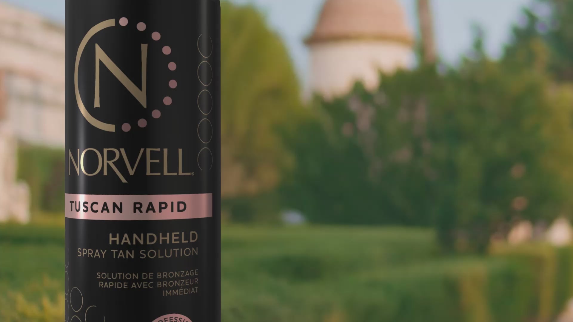 Load video: Promotional video introducing Norvell's one-of-a-kind Tuscan Rose-gold spray tan solution color, now available in a rapid format.