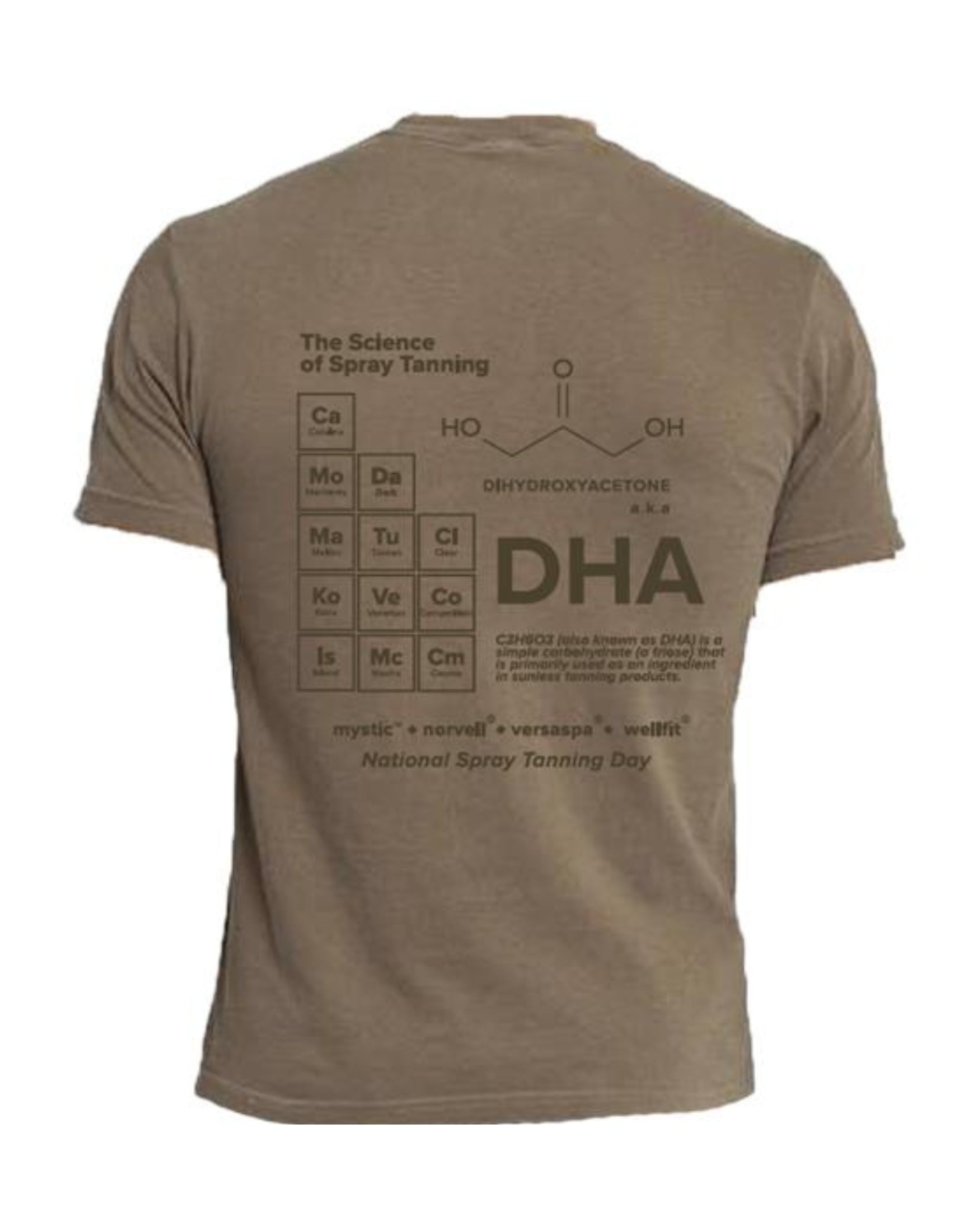 Brown t-shirt with chemical formula and text on a white background